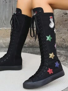 Zapatillas altas de lona para mujer con estilo punk, planas, sexy, de caña alta, de puntera redonda, con cordones y cremallera, adecuadas para todas las estaciones, Navidad, Año Nuevo, Halloween
