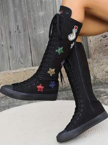 Zapatillas altas de lona para mujer con estilo punk, planas, sexy, de caña alta, de puntera redonda, con cordones y cremallera, adecuadas para todas las estaciones, Navidad, Año Nuevo, Halloween