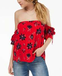 Gypsies Moondust Juniors Off The Shoulder Tie Sleeve Top - Red - View 2