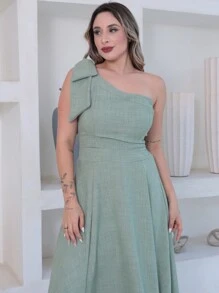 Victoria Long Luxury Dress Plain Duna Linen With Bow One Shoulder - Mint Green - View 2
