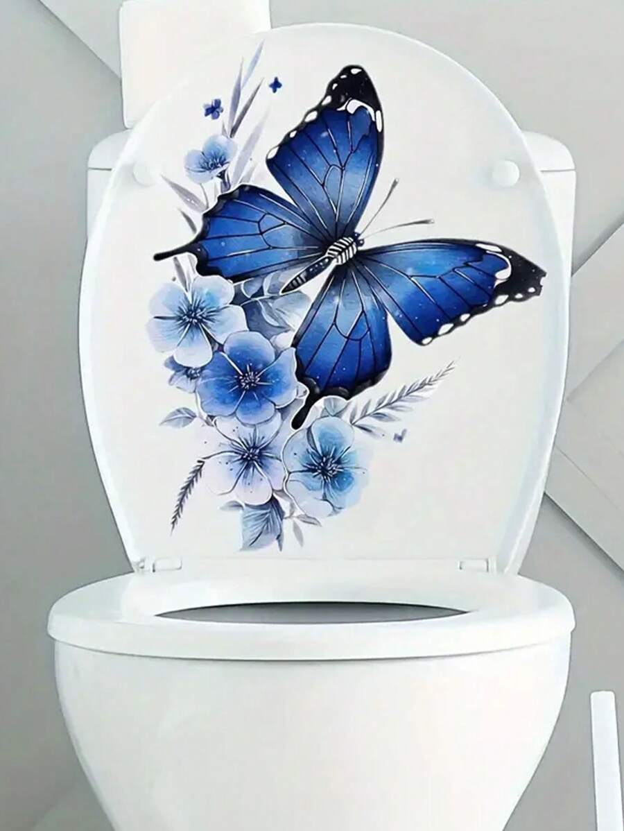 mama look 1pc Blue Butterfly Toilet Sticker Wall Decor, Self-Adhesive Removable PVC Bathroom Wall Art Stickers
