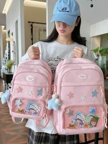 حقيبة ظهر نسائية باللون الوردي، حقيبة ظهر شفافة أنيقة من تصميم اللحف العشوائي، حقيبة نايلون كاجوال سعة كبيرة للسفر، حقيبة أنثوية هاراجوكو (مع خلاصة نجمة خماسية اللون عشوائي وبطاقة) - متعدد الألوان - مشاهدة 3