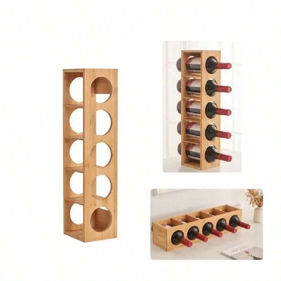 Bottle Rack, Bamboo Rack For Up To 5 Bottles, Kitchen Wine Rack, Storage Cabinet 13.5 X 12 X 53 Cm, 2 Modes To Use: Horizontal, Vertical - 原木色 - 查看 1