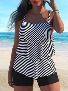 AguaCube 2 Piece Set Tankini - Stretchy Spaghetti Strap Retro Print Swimsuit With Ruffled Layered Top And Boxer Shorts - Machine Washable Polyester Swimwear For Women - 黑與白 - 查看 3