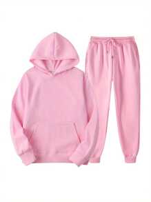 2Pcs Womens Spring Fall Sportswear Solid Color Hooded Long Sleeves Sweatshirt Drawstring Slacks Set Streetwear - Pink - View 1