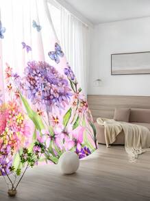 1st Bloemen Plant & Vlinder Print Transparant Gordijn, Machine Wasbaar, Met Roede Zak, Voor Slaapkamer, Kantoor, Keuken, Woonkamer, Studeerkamer, Woondecoratie