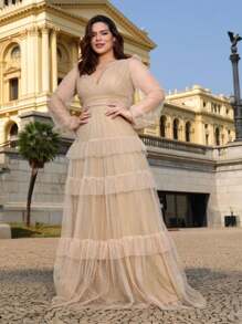 LONG DRESS FOR WEDDING BRIDESMAID TULLE LAYERS LONG SLEEVES - Gold - View 1