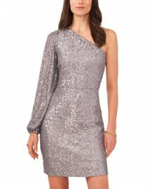Women's Sequin One Sleeve Mini Dress - Silver - View 2