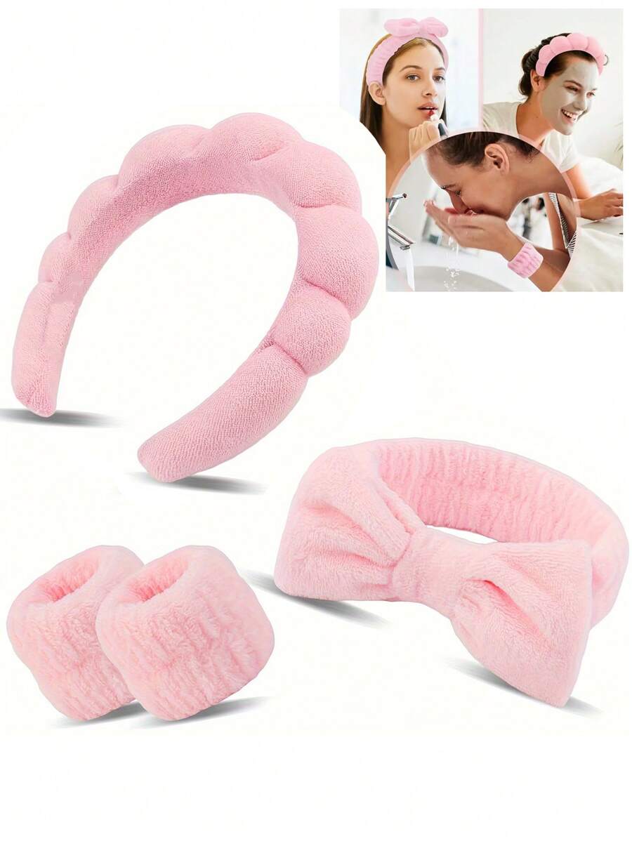 Conjunto de faixa de cabelo e pulseira de banho em veludo rosa coral com laço, faixa de cabelo feminina com borda larga, lavagem em cor sólida, acessório de cabelo moderno para a volta às aulas. - Rosa - Ver 1