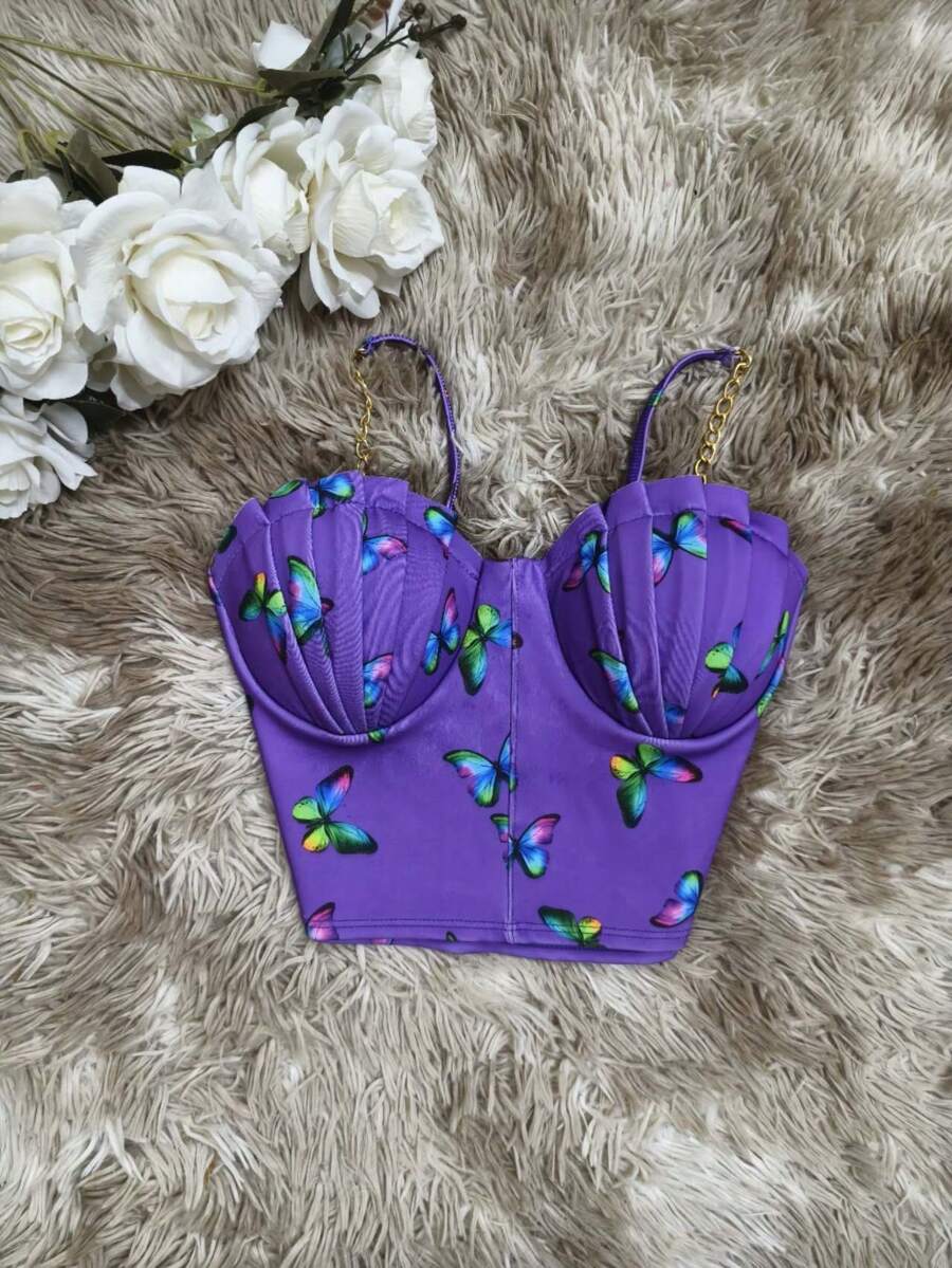 Cropped Top Blouse Thin Strap Chain With Mermaid Bra Fashion Blogger Retro Summer Party Beach Neoprene Suplex Strappy - Dusty Purple - View 1