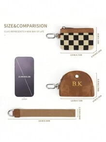 1pc Personalized Multifunctional Fashion Women Wrist Wallet Compact Minimalist Card Coin Purse Cow Print PU Leather Small Wallets Gift, Gold Foil Monogram Customization, Checkered Two-In-One Coin Purse, Stylish And Functional For Everyday Use Wallet Wristlet, Great Birthday Gift, Christmas Gift, Mom Gift, Personalized Gift, Anniversary, Wedding Gift Valentines,Purses And Bags Women - Brown - View 3