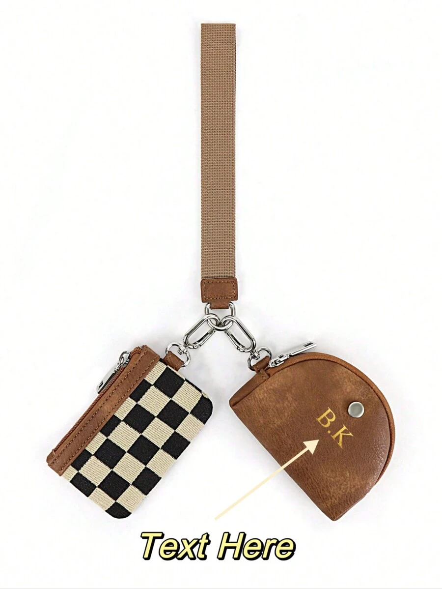 1pc Personalized Multifunctional Fashion Women Wrist Wallet Compact Minimalist Card Coin Purse Cow Print PU Leather Small Wallets Gift, Gold Foil Monogram Customization, Checkered Two-In-One Coin Purse, Stylish And Functional For Everyday Use Wallet Wristlet, Great Birthday Gift, Christmas Gift, Mom Gift, Personalized Gift, Anniversary, Wedding Gift Valentines,Purses And Bags Women - Brown - View 1