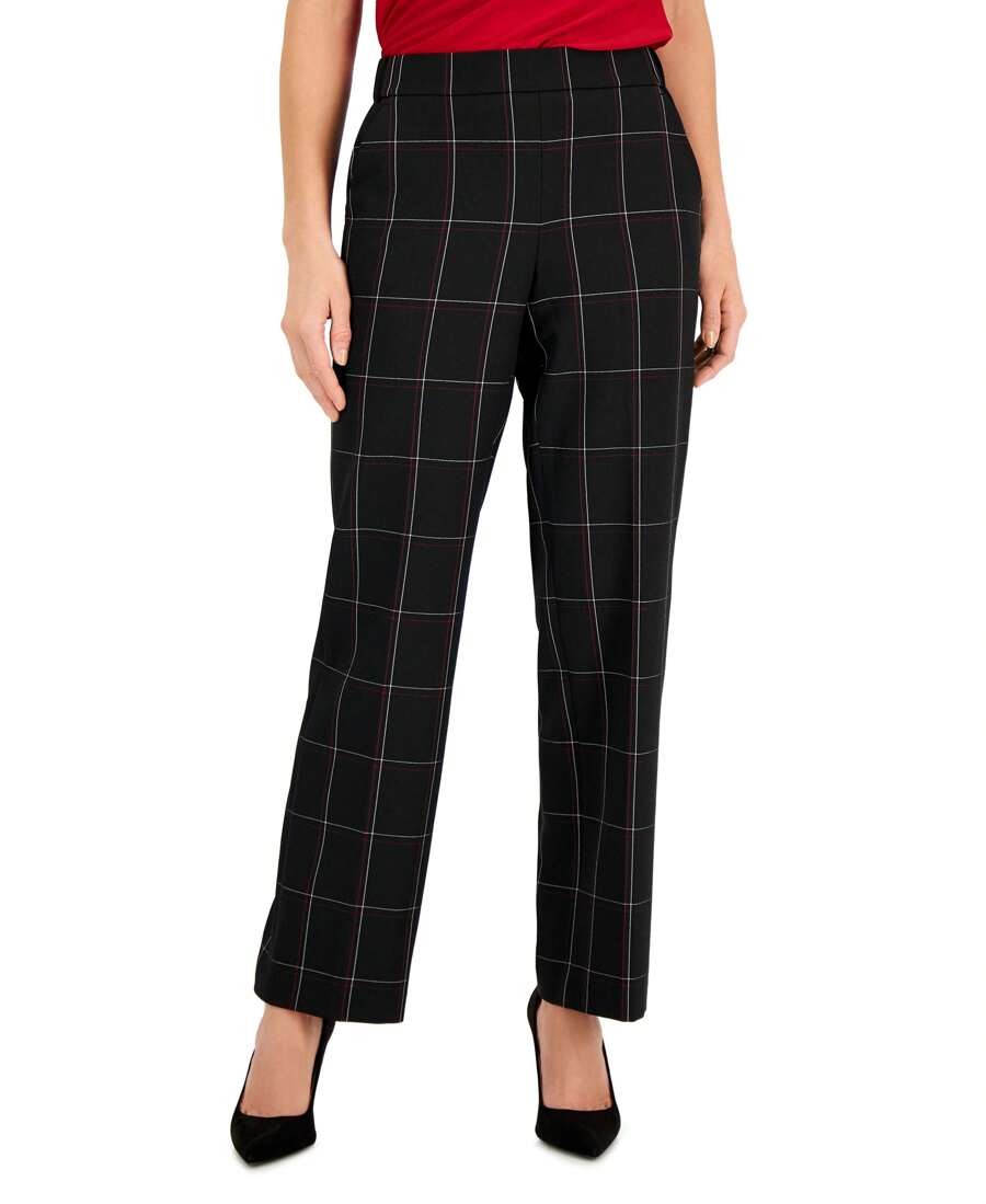 Petite Plaid Pull-On Straight Leg Pants - Black - View 1