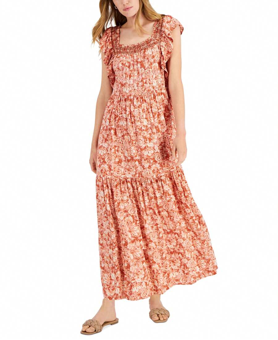 Jamie Layla Petite Printed Flutter Sleeve Maxi Dress - Orange - View 1