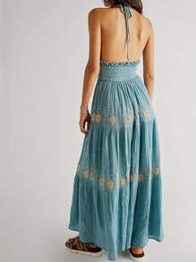 Summer Beach Vacation Dresses For Women Boho Floral Embroidery Maxi Dress Casual Midi Dress Tie-Up Halter Neck Sleeveless Swing Dress Fashion Backless A-Line Dress Beach Sundress Bohemian Dress Clothes Outfit Streetwear - Màu xanh lam - Xem 2