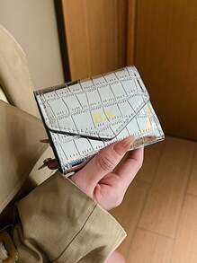 1 件个性化金属鳄鱼压纹翻盖小钱包口袋，金箔压印字母名称定制，超薄女士钱包，双折轻质 PU 皮革身份证钱包，简约时尚现代商务周年纪念礼物 - 黑色 - 查看 8