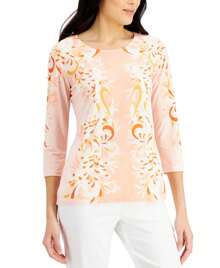 JM Collection Printed 3/4 Sleeve Top - Orange - View 2