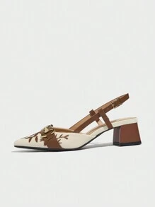 女士复古花卉链条装饰尖头一脚蹬穆勒鞋，舒适高跟正装鞋，适合工作、派对、婚礼，优雅适合春、夏、秋、冬，棕色，优雅，女士浅口鞋 - 棕色 - 查看 8