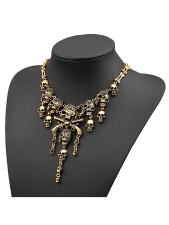 1pc Unisex Skull Head Tassel Necklace, Multilayer Skull Head Alloy Decorated Necklace, Exaggerated Retro Skull Head Tassel Multilayer Necklace, Suitable For Halloween, Costume Party, Decoration