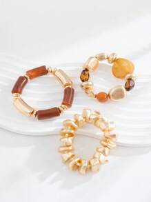 Pulseira de contas de acrílico marrom multicamadas vintage 3 peças, pulseira de chip de ouro texturizada de superfície fosca, adequada para mulheres, casais, festas e uso diário