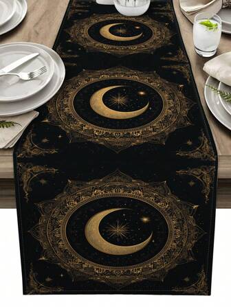 1 件金色新月祝福文字图案桌旗，家居装饰桌旗，适用于室内和室外派对装饰、厨房和活动装饰