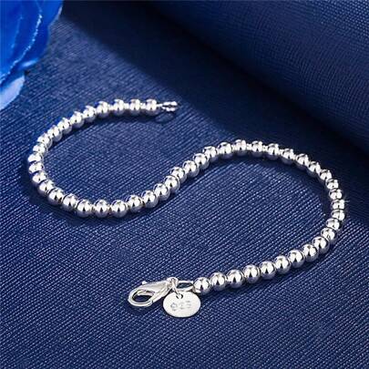Regali di Natale Charm Bracciale placcato argento 925 con catena di perline da 4 mm per donna, gioielli di marchi popolari, moda, matrimonio, festa