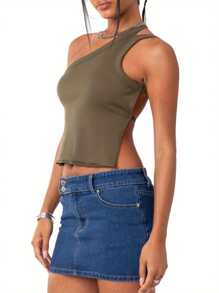 Women's Summer Mini Tank Tops Solid Color Sleeveless Backless One Shoulder Vest Tops - Grey - View 3