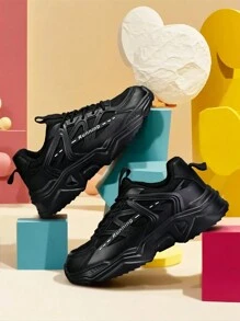 Sporty Front Chunky Sneakers For Women,Colorblock Leather Lace-Up Shoes Women Boots Women Lightweight Breathable Sneakers Women Shoes Comfortable Casual Shoes For Women