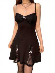 Female Dress, Contrast Color Lace Trim Sleeveless Spaghetti Strap One-Piece With Bowknot, Black, S/M/L - Black - View 2