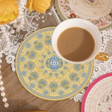 1 件/4 件家居装饰，花卉图案波西米亚风格圆形皮革餐垫 - 复古黄色曼陀罗花，花卉图案，防滑耐热可洗涤纶纤维餐桌垫，适合用餐和派对
