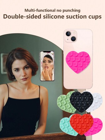 1pc Double-Sided Heart-Shaped Silicone Suction Cup, Washable Phone Silicone Suction Cup, Anti-Slip Fixed Suction Cup Phone Holder Compatible With IPhone, Android Phone, Gift For Birthday, Family, Friends Phone Stand, Phone Accessories