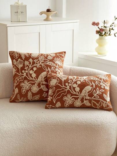Cirelle 1pc Orange Floral & Bird Embroidery Plush Decorative Pillow Case, Suitable For All Seasons, Indoor Decor, Without Pillow Insert