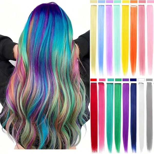 2 peças de extensões de cabelo coloridas com clipe, luzes para festa em cabelos lisos, extensões de cabelo coloridas, várias cores para mulheres, acessórios para cabelo de festival de música para festa de Halloween, Natal e Ano Novo