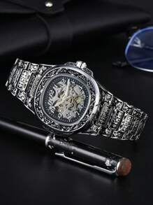 LONGLUX 1pc Men's Hollow Automatic Mechanical Movement Engraved Vintage Numeric Scale Waterproof Watch