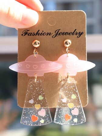 一对亚克力粉色闪亮UFO耳环，透明爱心图案，可爱又有趣，搞怪礼物