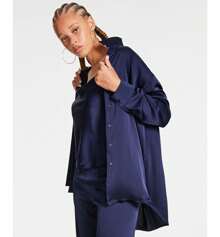 Women's Oversized Satin Collared Long-Sleeve Shirt - Midnight - View 2