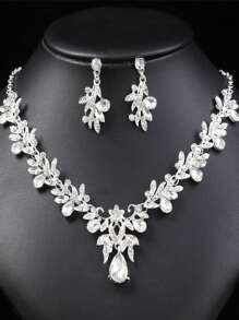 3 件套奢华婚礼派对女士礼服水钻装饰珠宝时尚闪亮颈链项链和耳环套装舞会服装珠宝套装配饰（2 个耳环和 1 条项链） - 水鑽珠寶套裝 - 查看 11