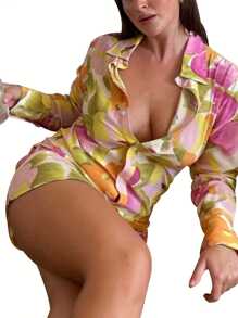 Women Temperament Shirt Dress Floral Printing/Color Matching Lapel Slim Fit Long Sleeve Mini Skirt - 黃色 - 查看 2