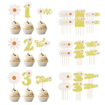 24 Stücke Daisy Eins/Zwei/Drei Cupcake-Topper für den 1./2./3. Geburtstag Daisy Geburtstagsparty Dekor Boho Groovy Daisy Eins/Zwei/Drei Geburtstag Eins/Zwei/Drei Jahre alt Hippie Party Favors Supplies