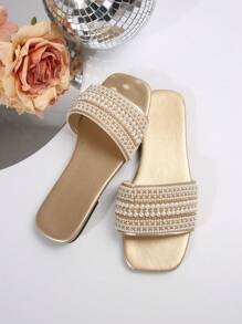 Women's Summer New Black Rhinestone Decor Casual Flat Sandals, Comfortable For Indoor & Outdoor Wear