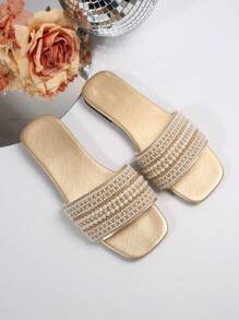 Women's Summer New Black Rhinestone Decor Casual Flat Sandals, Comfortable For Indoor & Outdoor Wear