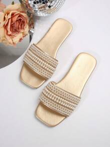 Women's Summer New Black Rhinestone Decor Casual Flat Sandals, Comfortable For Indoor & Outdoor Wear