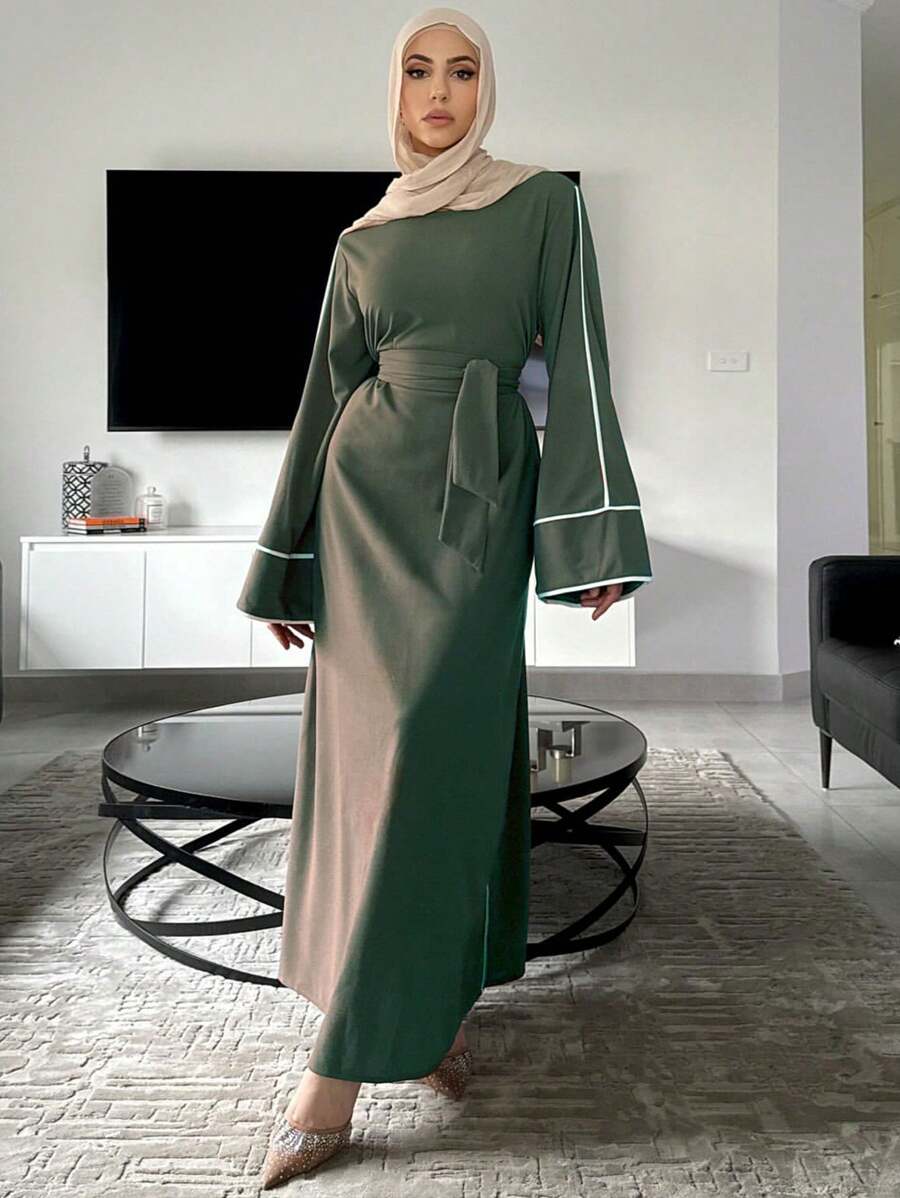 2025 Spring Fashion Solid Color Plain Modest Dresses Islamic Clothing Flared Sleeves Crepe Abaya Women Dress Closed Abaya Robes - Olive Green - View 1