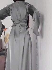Women's Solid Color Round Neck Flare Sleeve Elegant Mid-East Style Long Arabian Dress - Grey - View 3