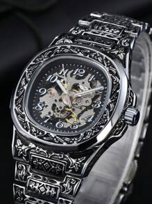 LONGLUX 1pc Men's Hollow Automatic Mechanical Movement Engraved Vintage Numeric Scale Waterproof Watch