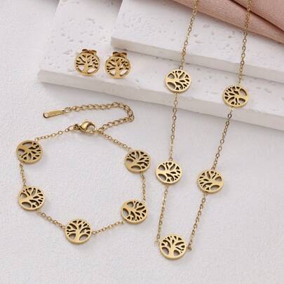 Set de 3 piezas de joyería con collar, pulsera y aretes con diseños de árbol de la vida, camelia, número 8, flor de ciruelo y crisantemo, para mujeres, para fiestas y regalos