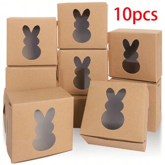 10pcs Easter Candy Box, Kraft Paper Box With Rabbit Shaped Window, Cookie Box Kraft Paper Gift Box, Party Gift Ornaments, Wedding Candy Gift Box, Easter Ornaments