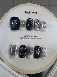 10pcs Handmade Y2K Style Short Star Cheek Makeup, Black Tie Dye Metal Star Beads, Cool Punk Nail Press On Nails