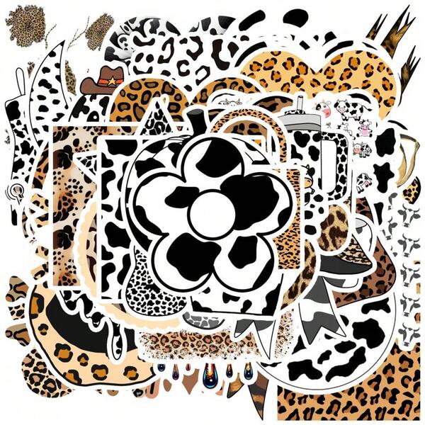 54pcs Cute Black And White Leopard Print Style Stickers For Walls,WaterBottles,And Phones - Waterproof DIY Vinyl Decals For Fun And Personalization