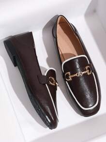 Women's Color Blocking Metal Chain Decor Square Toe Flats, French Style Comfortable Soft Leather Casual Oxfords, Brown